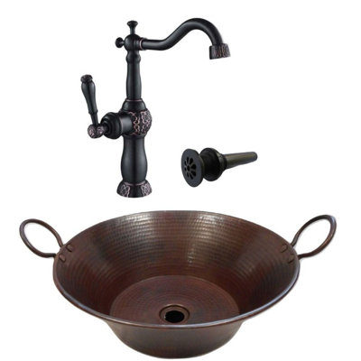 16" Round Copper Vessel Bath Sink, 13" Clayborne Faucet Included