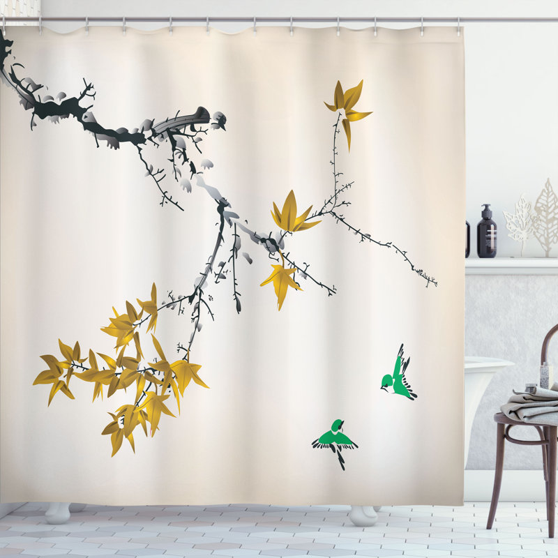 Japanese Shower Curtain Set + Hooks, 84"H x 69"W, Earth Yellow
