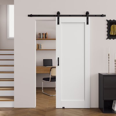 84"H x 30"W Solid Manufactured Wood Panel White Primed Sliding Barn Door with Installation Hardware Kit (No Assembly Required)