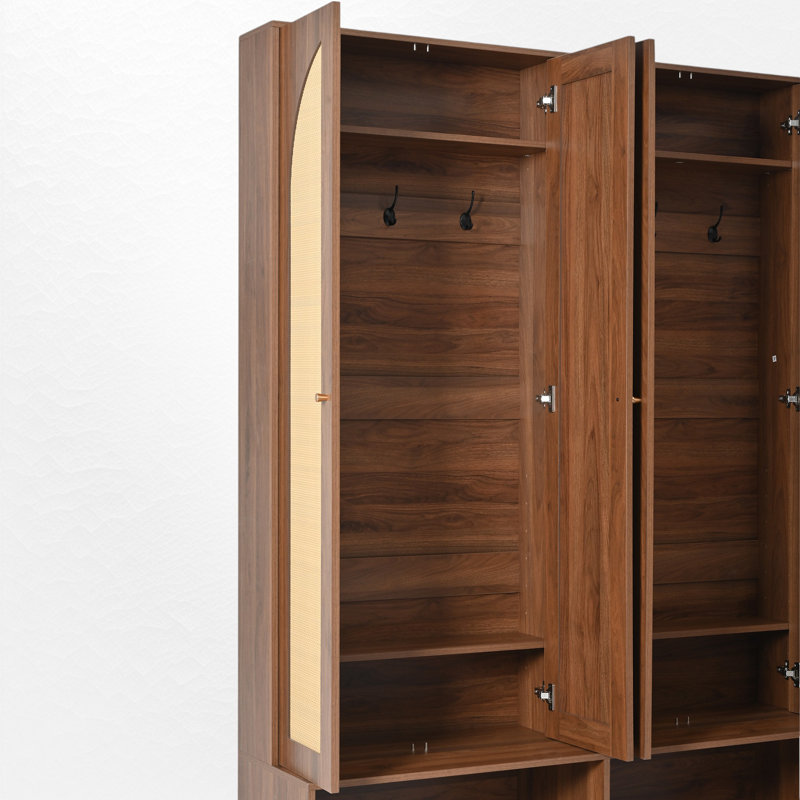 Farmhouse Entryway Hall Tree with Rattan Doors, 4-in-1 Seating Bench & Shoe Cabinet with Hooks