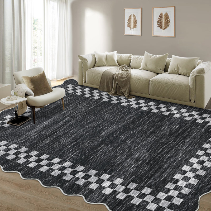 Bordered Rug Narrow Scalloped Hallway Rug with Rubber Backing, Non-Shedding Contemporary Indoor Floor Mat, Foldable Thin Accent Carpet