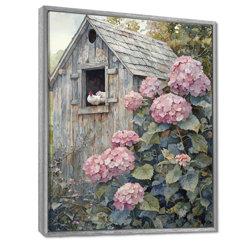 «Dolcater Hydrangeas and Chickens In The Yard II», art mural hortensias, H 32 po x l 16 po, Reproduction avec cadre flottant