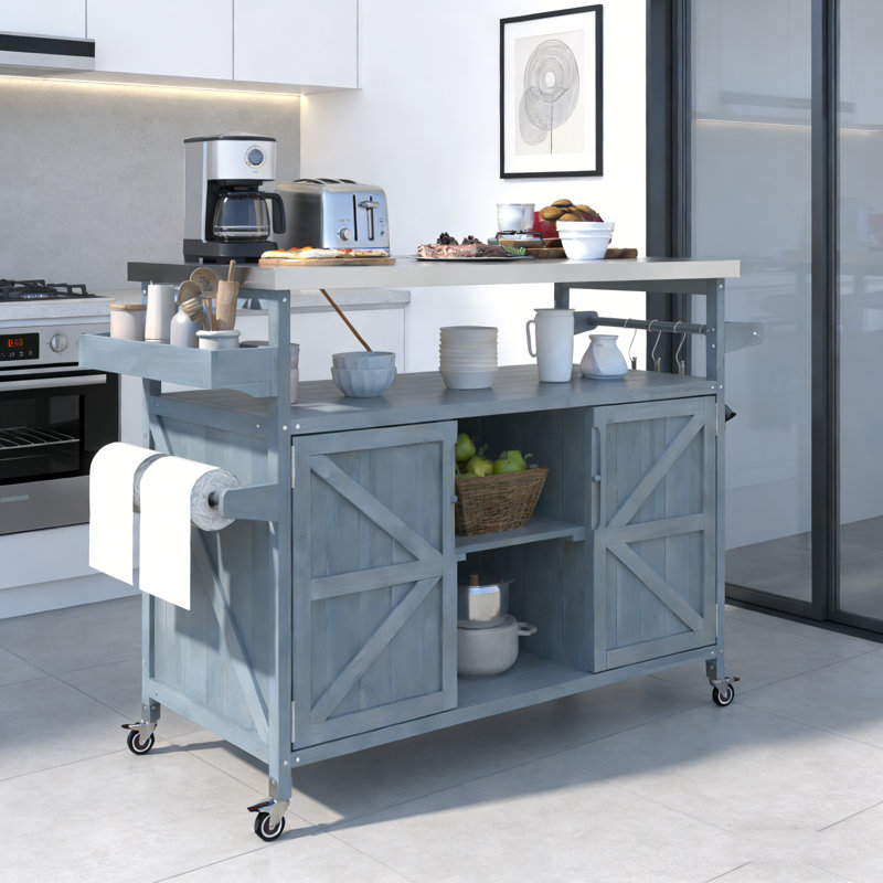 Rolling Outdoor Kitchen Island with Stainless Steel Top, Ample Storage, and Modular Design for Patio Grilling and Entertaining.