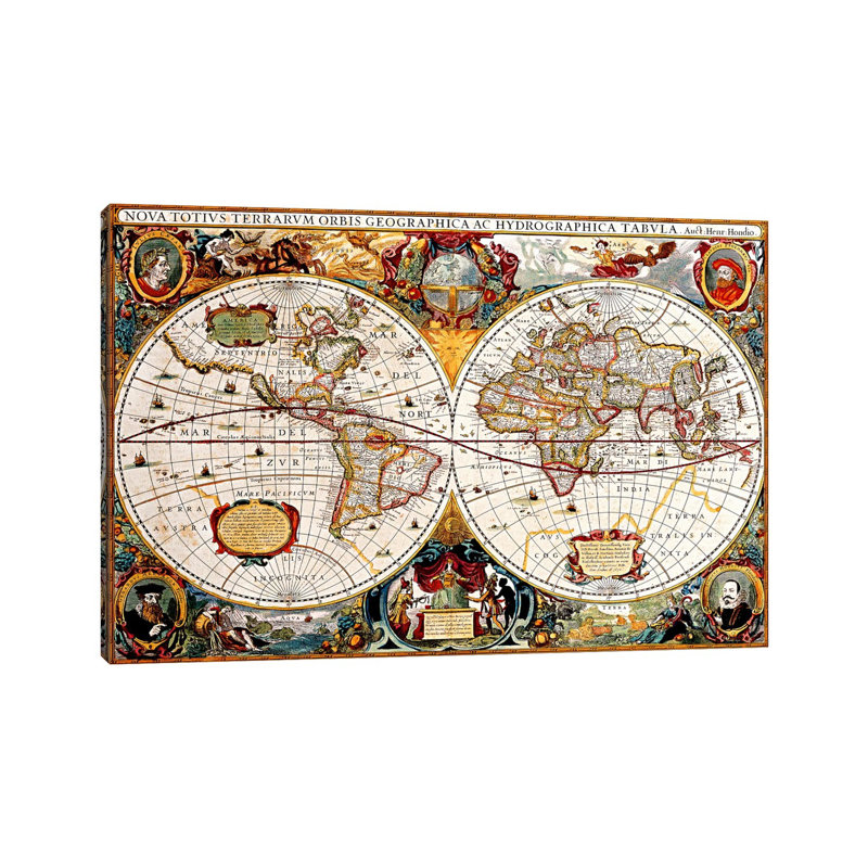 Antique World Map by Henricus Hondius - Print on Canvas, Wrapped Canvas, 101.6 cm H x 66.04 cm W x 3.175 cm D