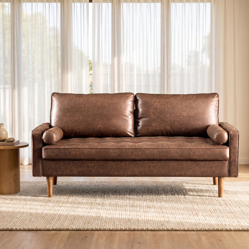 Aisha 70" Faux Leather Square Arm Loveseat, Dark Brown Faux Leather