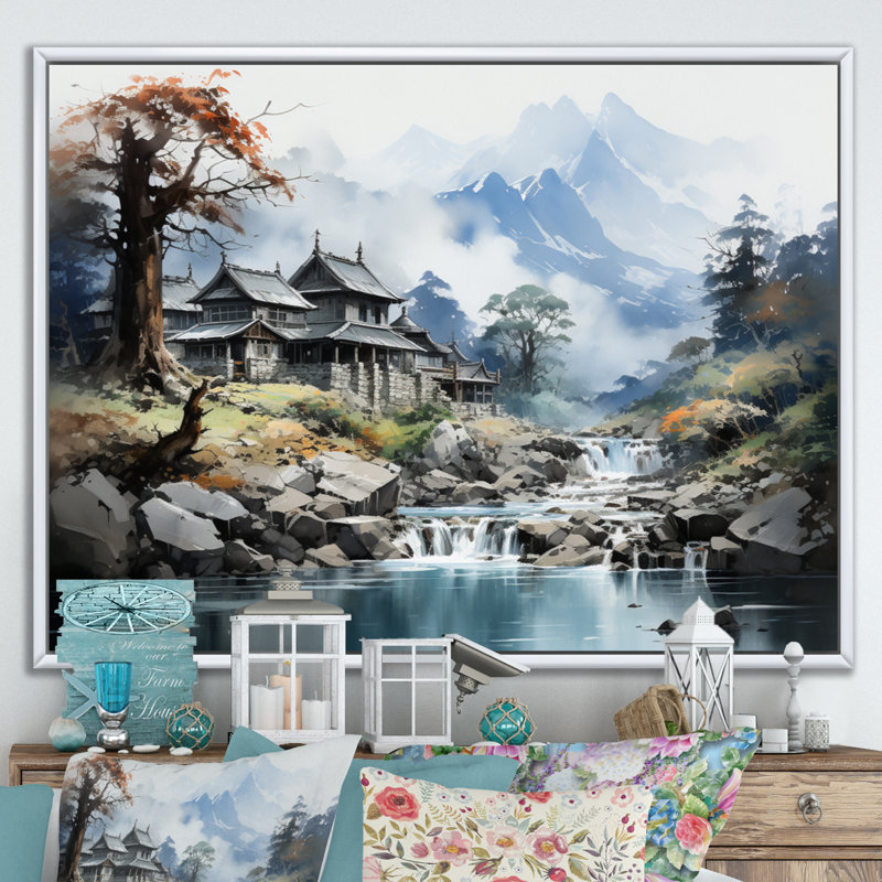 Bernest China Art Misty Mountain sur toile, Cadre flottant blanc, H 12 po x l 20 po x P 1 po
