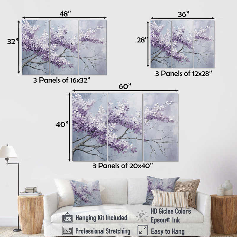Ensemble d'art mural Maumelle - Lilas, Toile tendue, H 40 po x l 60 po x P 1 po
