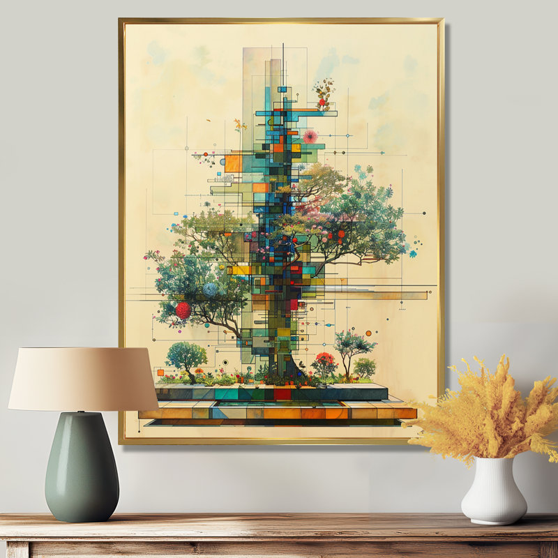 Dessin d'arbre géométrique rétro - botanique, art mural, H 20 po x l 12 po x P 1 po, Toile avec cadre flottant or