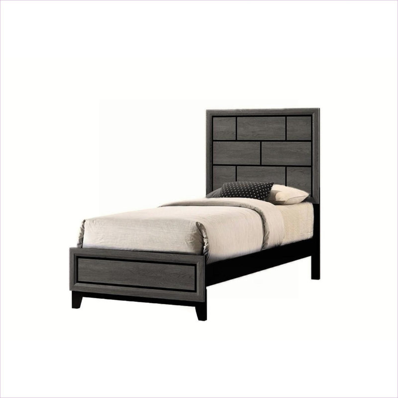 Youth Bedroom Twin Size Low-Profile Panel Bed, Contemporary Geometric Design Solid Wood Gray-Toned Bedroom Furniture, Gray