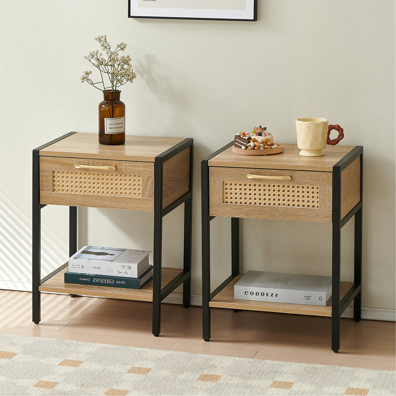 Table de bout en rotin de 15,74 po avec tiroir, table de chevet moderne, pieds en métal, table d'appoint pour le salon, la chambre à coucher