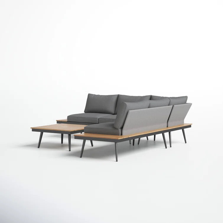 Ensemble de canapé modulaire d'extérieur moderne avec coussins, structure résistante aux intempéries et décorations en bois, gris