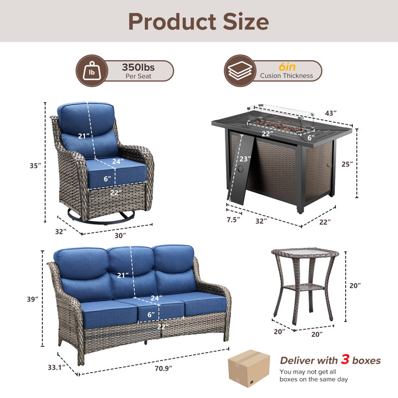5 - Person Luxury Wicker Patio Furniture Set With Fire Pit Table & 6-Inch Extra-Thick Cushion Swivel Chairs, Side Table, Gray