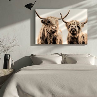 Art mural sur toile encadré 24 po x 36 po, bovin Highland avec fourrure à poils longs et cornes courbées, art photographique sépia, peinture expressionniste moderne, grande décoration murale pour le bureau de la chambre à coucher
