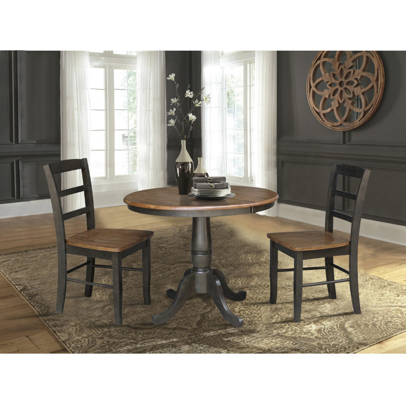 Gadmann Pedestal Extendable Solid Wood Dining Set, Hickory/Washed Coal, 3 Pieces: Table, 2 Chairs