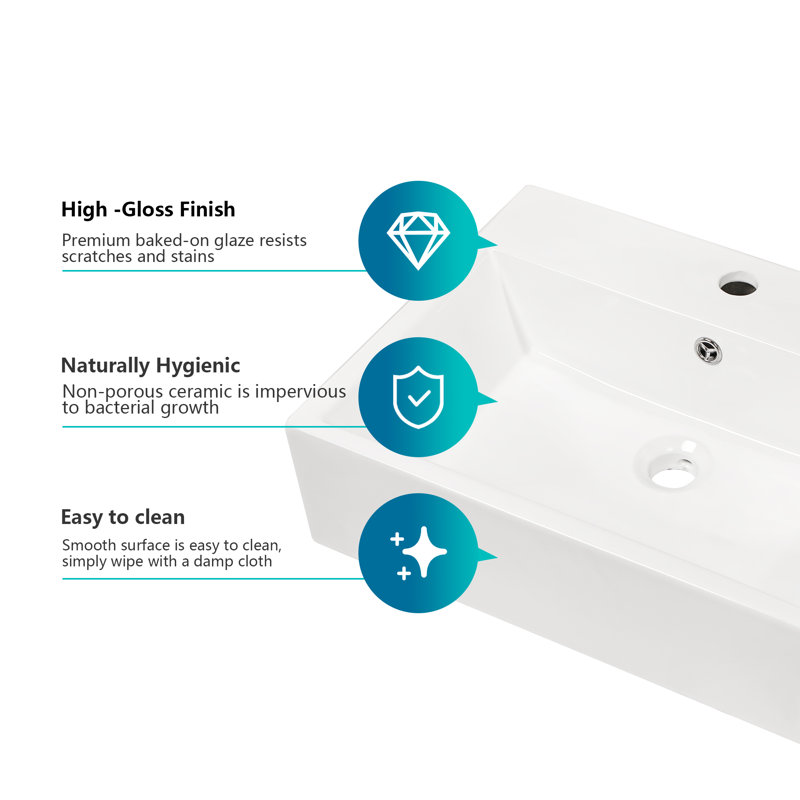 20"L x16"W White Ceramic Rectangular Bathroom Vessel Sink with Faucet Hole and Overflow