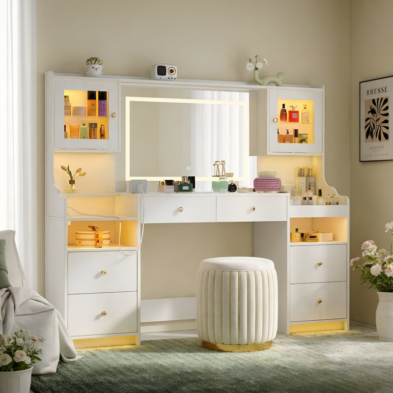 Coiffeuse 62 po avec plateau en verre, miroir et lumières DEL, 3 modes d'éclairage et prise de courant, Blanc