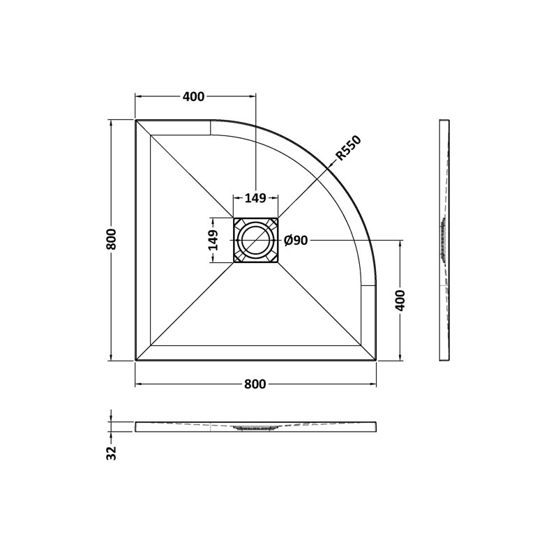900 x 900 mm Standard Shower Tray, 3.3cm H x 80cm W x 80cm D, White Slate