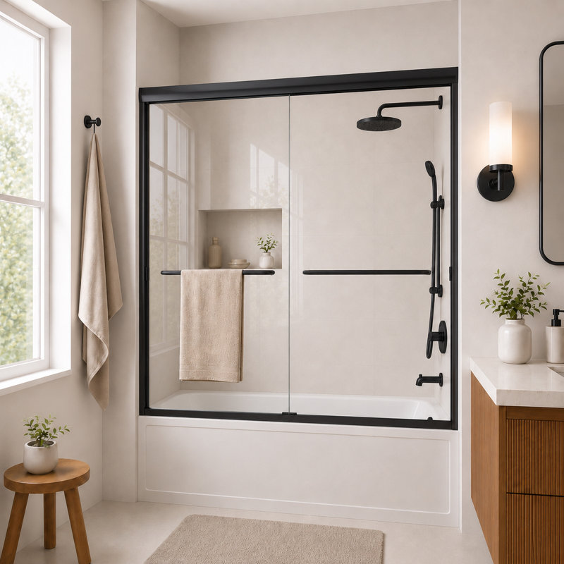 60'' W x 60'' H Double Sliding Framed Tub Door With 1/4" Clear Glass, Matte Black