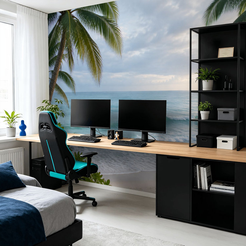 Papier peint mural adhésif « Plage sereine, aube, vagues douces, palmiers », décoration murale moderne pour chambre ou salon, 254 cm (L) x 366 cm (l)
