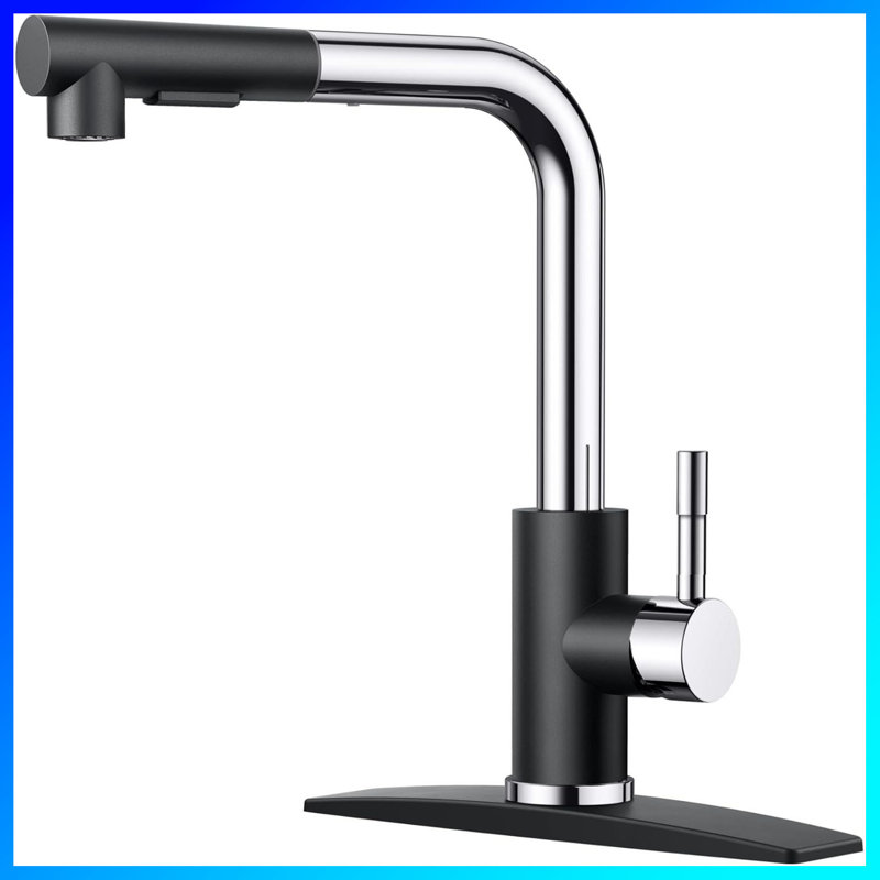 Robinet de cuisine à poignée simple - pulvérisateur rétractable en nickel brossé avec plaque de pont, compatible avec les installations à 1 ou 3 trous (idéal pour les bars, les véhicules récréatifs, les fermes et les buanderies)