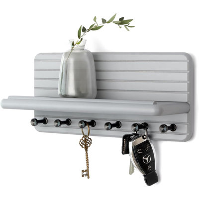 Decorative Key Holder Wall Mount For Room Decor Aesthetic – Modern Pine Wooden Key Holder For Wall With 6 Hooks & Floating Shelf - Sleek Home Improvement Essential (gray)