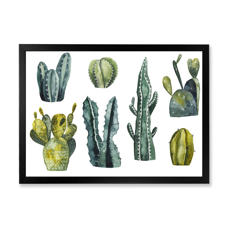 " Set Of Cactus On White ", Black Picture Frame, 8" H x 12" W x 1" D