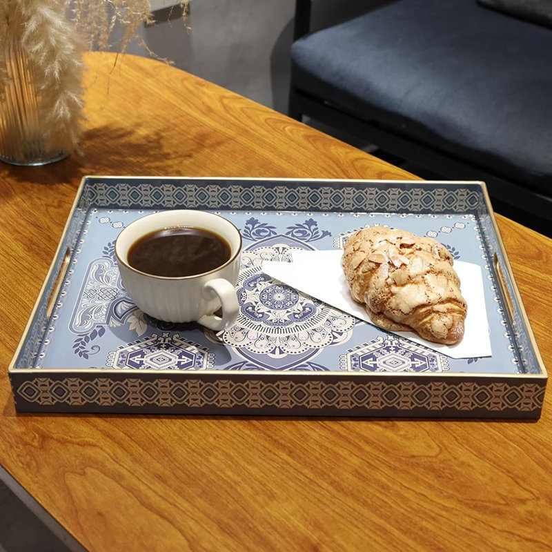 Rectangle Plastic Serving Tray With Handles, Decorative Tray For Coffee Table, Ottoman, Living Room, Kitchen, And Outdoor Use
