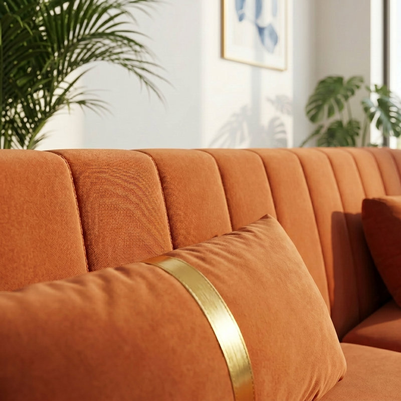 Solid Wood Frame 3 Seater Sofa with Compressed Seat Cushions, Modern Upholstered Couch for Living Room, Orange