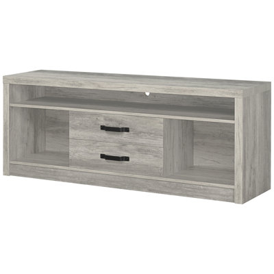 Tv Stand With A Grey Driftwood Finish And Two Drawers, Engineered Wood Construction, Rustic Weathered Appearance, Long - Lasting Use, Versatile Shape, 59 Inches Product Width Featuring Shade, Drawers