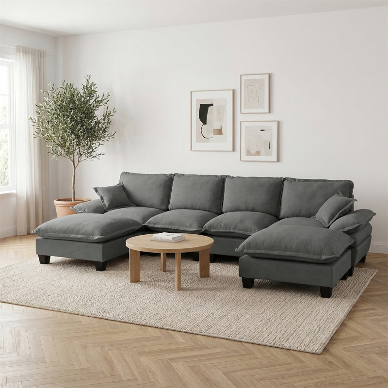 Canapé modulaire modulaire, canapé en U en forme de nuage avec conception de voilier, canapé en chenille confortable à 6 places avec repose-pieds mobile pour le salon