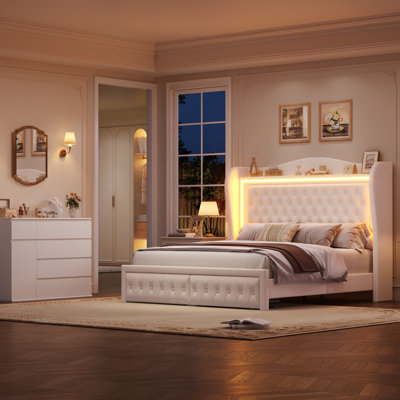 Hosley 2-piece Bedroom Set, 1 Upholstered Platform Bed With Storage Drawers+ 1 Combo Dresser With 5 Drawers & Cabinet