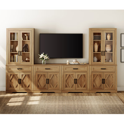 Farmhouse Mid-Century Modern TV Stand For Tvs Up To 70", 5-Tier Storage, Tall Bookshelves & Barn Doors, Media Console For Living Room Bedroom, Walnut