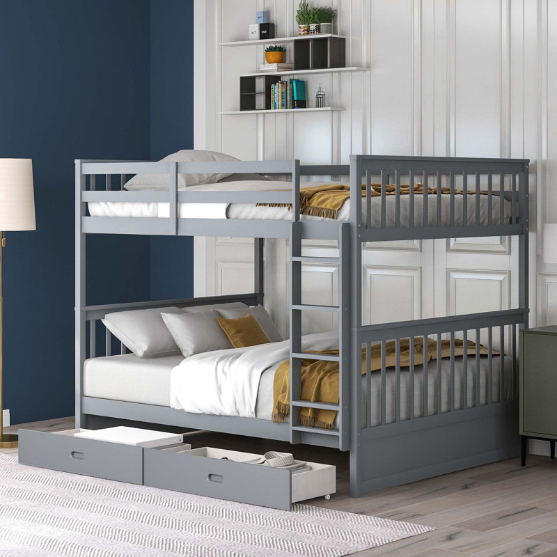 Lit superposé en bois avec échelles et 2 tiroirs de rangement, gris