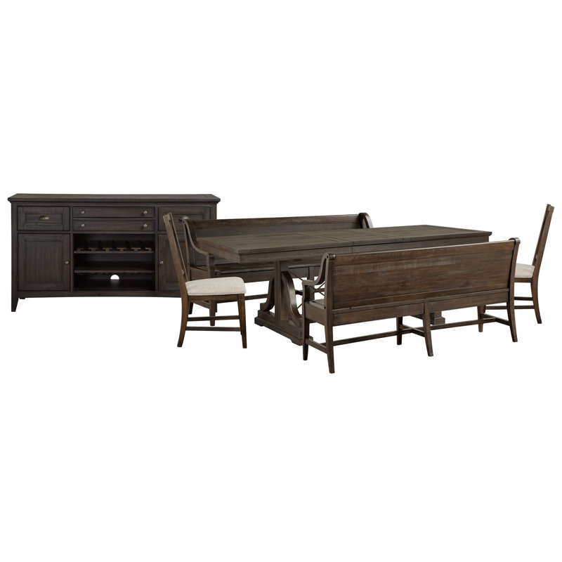 Extendable Trestle Dining Table With 2 Benches 2 Side Chairs And Buffet