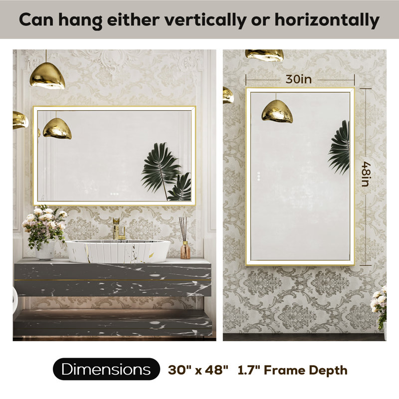 Miroir de salle de bain avant à DEL antibuée avec cadre en métal biseauté, 30 po x 48 po, Or brossé, Rectangulaire