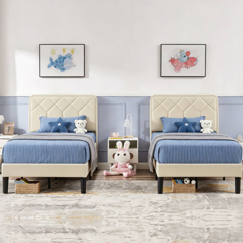 (Set of 2) Beige Twin Size Upholstered Platform Bed Frame with Adjustable Headboard, No Box Spring Needed, Beige