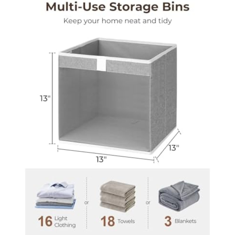 13X13 Storage Cubes, Closet Storage Bins With Clear Window, Large Fabric Organizer For Clothes, Collapsible Storage Baskets With Handles, Gray, 3-Pack