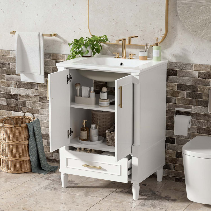 Meuble-lavabo moderne avec lavabo, avec motif orné, charnières à fermeture en douceur et structure ouverte à l'arrière, Blanc