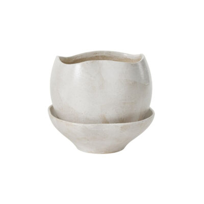 Ensemble pot de fleurs et soucoupe en céramique mouchetée à bord irrégulier artisanal