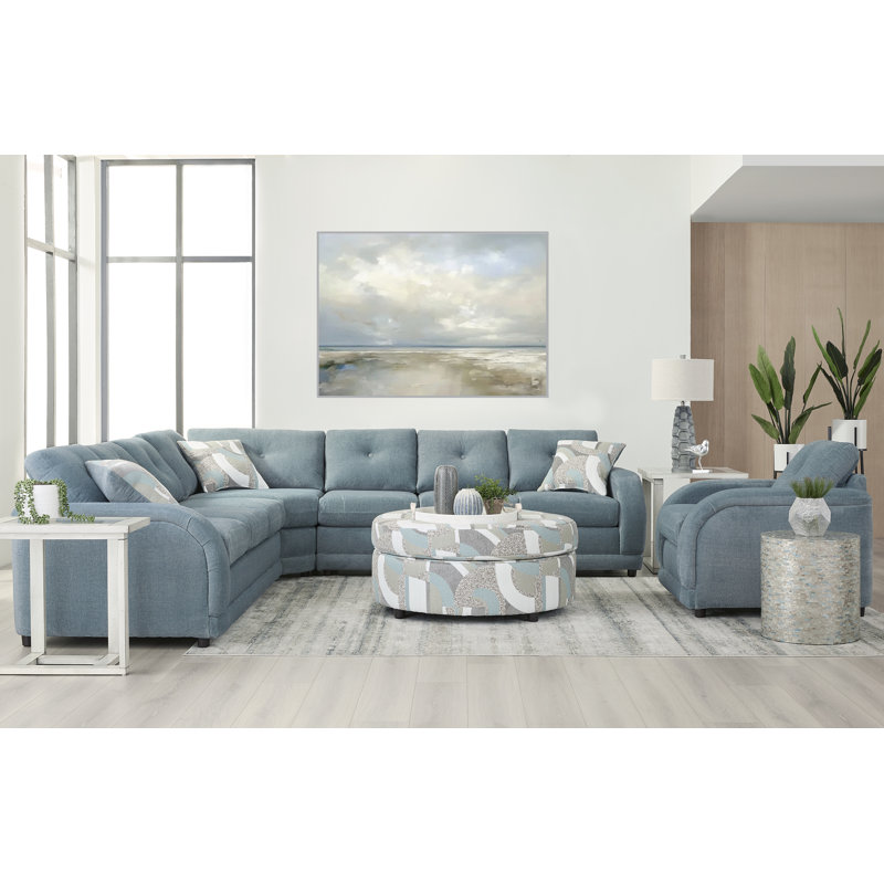 Ensemble de salon 5 pièces avec canapé modulaire, chaise et repose-pieds rond en aigue-marine / bord de mer Zeke
