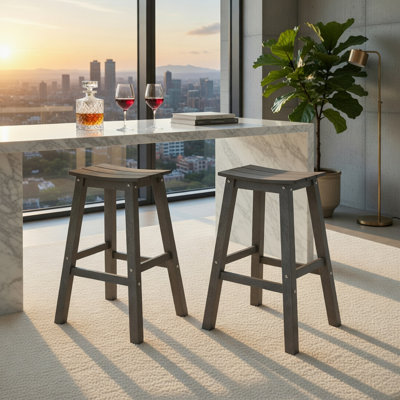  2-Pack 29-inch HDPE Outdoor Bar Stools, Saddle-Style Armless Patio Stools with Stainless Steel Frame, Breathable Slatted Seat, Gray
