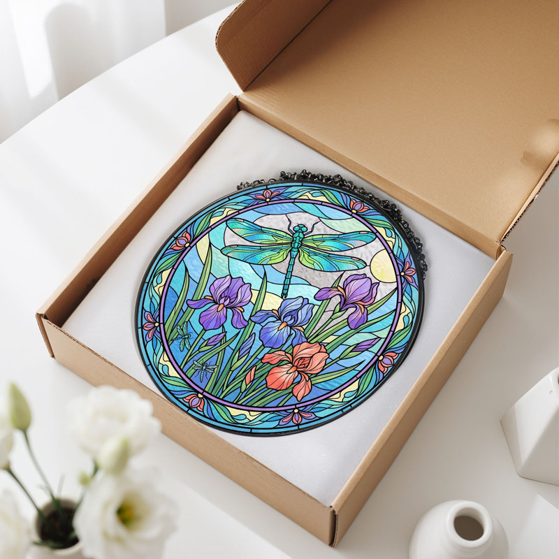 Dragonfly Iris Stained Glass Window Panel，7.8H, 7.8"H