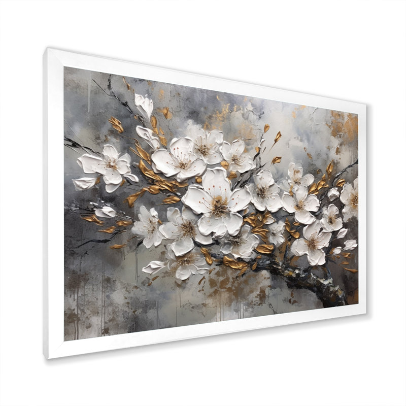 Harmonie I de cerisier blanc et gris - art mural floral pour le salon, H 16 po x l 32 po x P 1 po, Cadre simple blanc