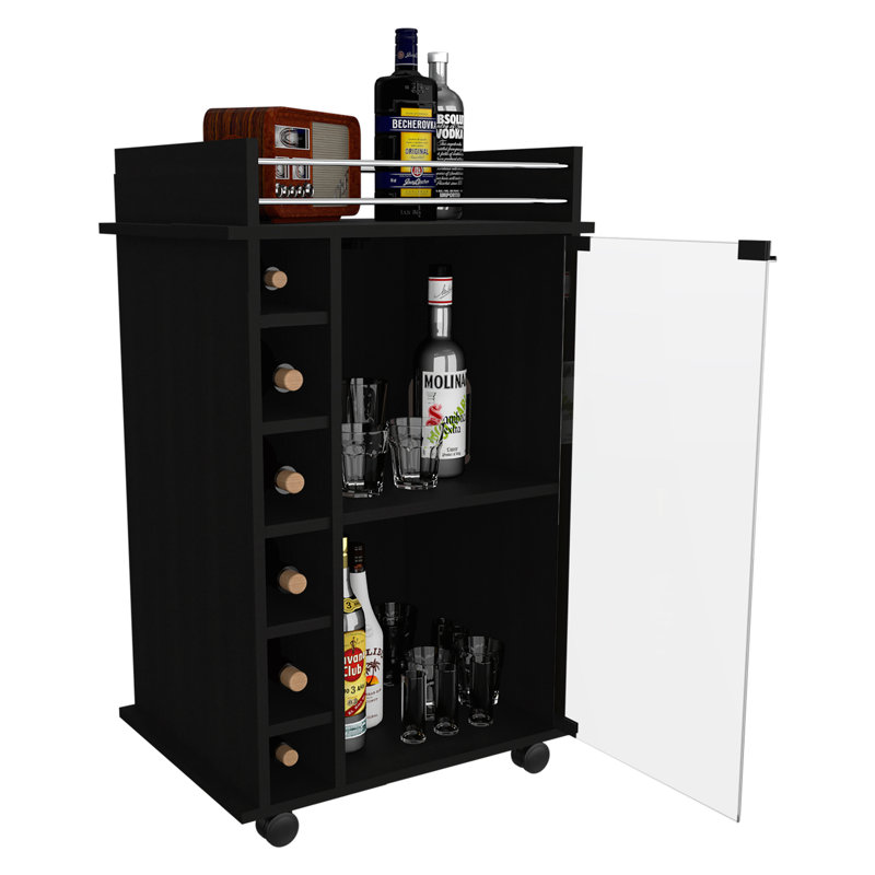 Modern Bar Cart,Two Shelves, Six Built-in Wine Rack, Four Casters -Black, Black