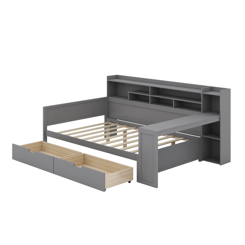 Wooden Daybed With Storage Shelves, Multi-Functional Bed With Two Storage Drawers And Study Desk, Full/Double