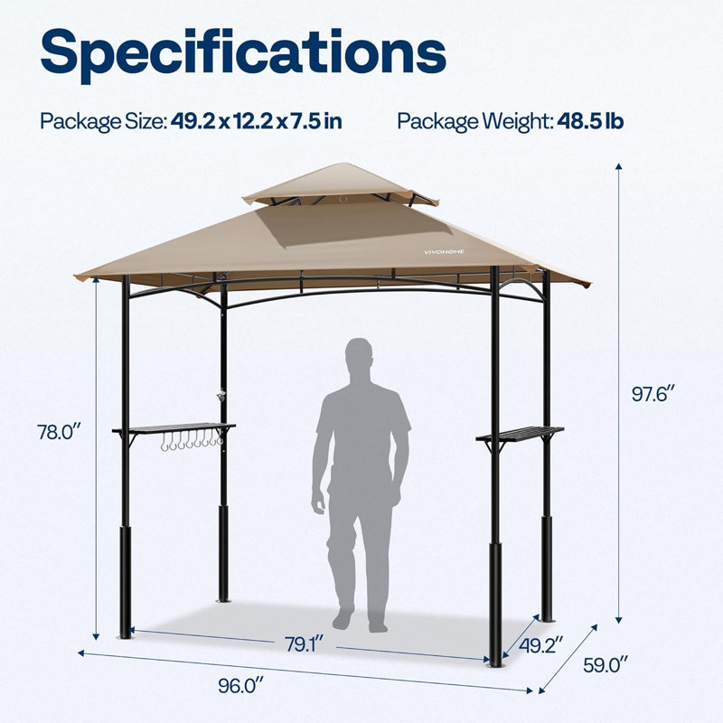 8 FT. W X 5 FT. D Steel Frame Double Roof BBQ Gazebo Canopy, Taupe