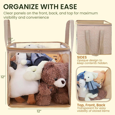 Ensemble de 2 cubes de rangement transparents avec couvercles, bacs de rangement pour jouets de 12 pouces Couvercle et côtés transparents; poignées de transport renforcées; se plie à plat; peut contenir des jouets, des vêtements, des livres; Convient aux tablettes cubiques