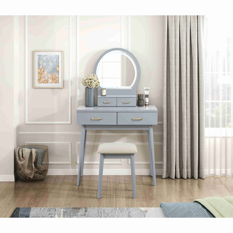 Magnifique commode avec miroir et tabouret avec tiroirs de rangement, Gris