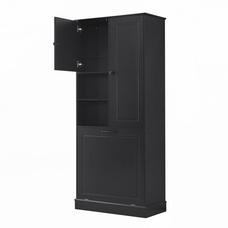 Armoire de salle de bain avec tablettes réglables, grand panier rabattable et armoire fermée, Noir