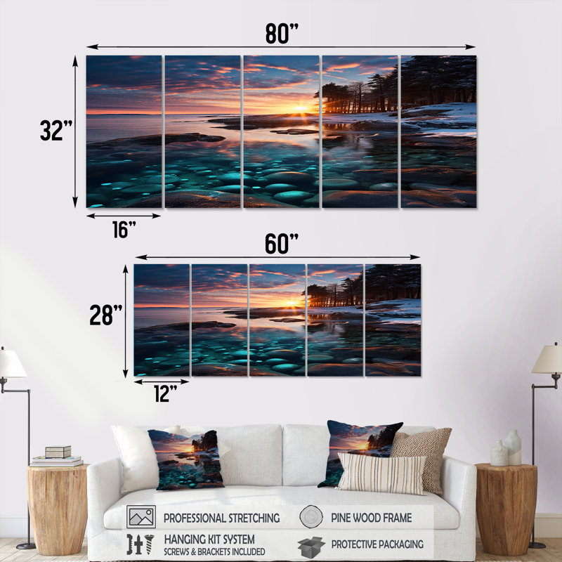 Coucher de soleil à travers les arbres, Islande, Rock Beach - Ensemble de 5 décorations murales plage et océan